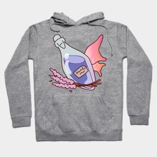 Pale Pink Wings: Glass Bottle with Violet Liquid, Amidst Floral Harmony Hoodie